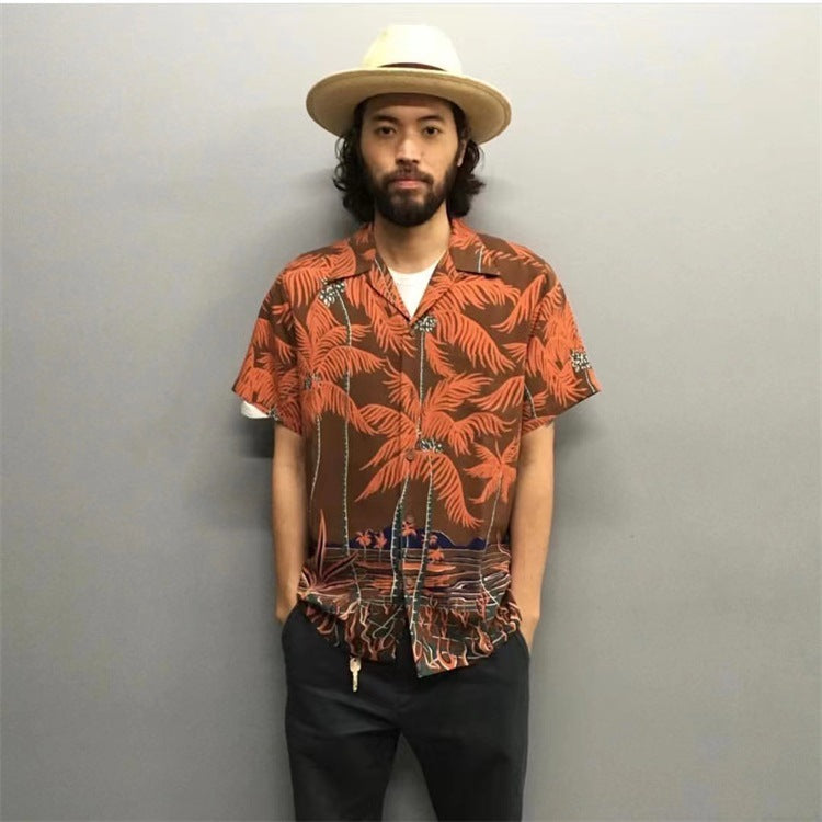 GUILTYPARTIES TIGER Shirts 19ss Coconut Tree, Palm Tree Man Silk Casual Hawaiian Short Sleeve Shirt