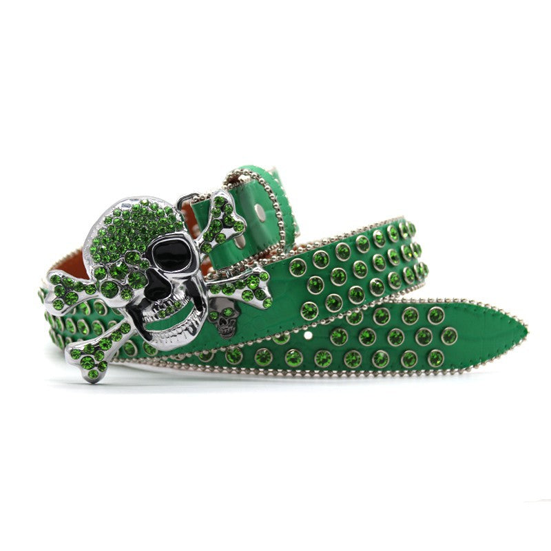 Hip-hop punk rhinestone belt green big skull