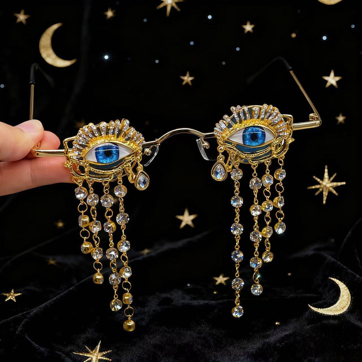 Trendy punk glasses eyeball rhinestone tassel