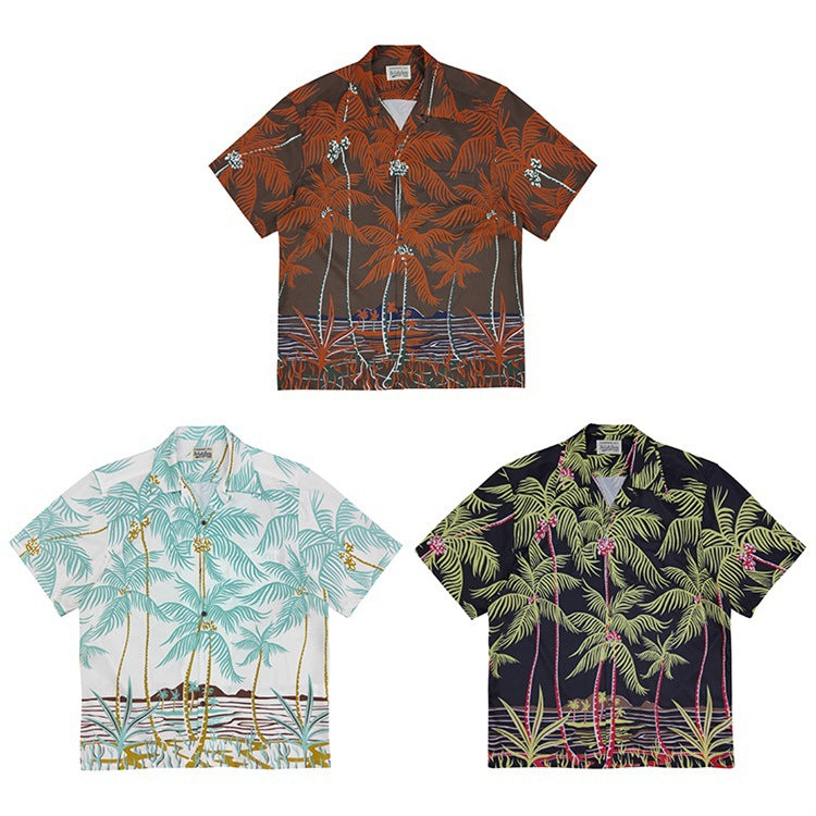 GUILTYPARTIES TIGER Shirts 19ss Coconut Tree, Palm Tree Man Silk Casual Hawaiian Short Sleeve Shirt