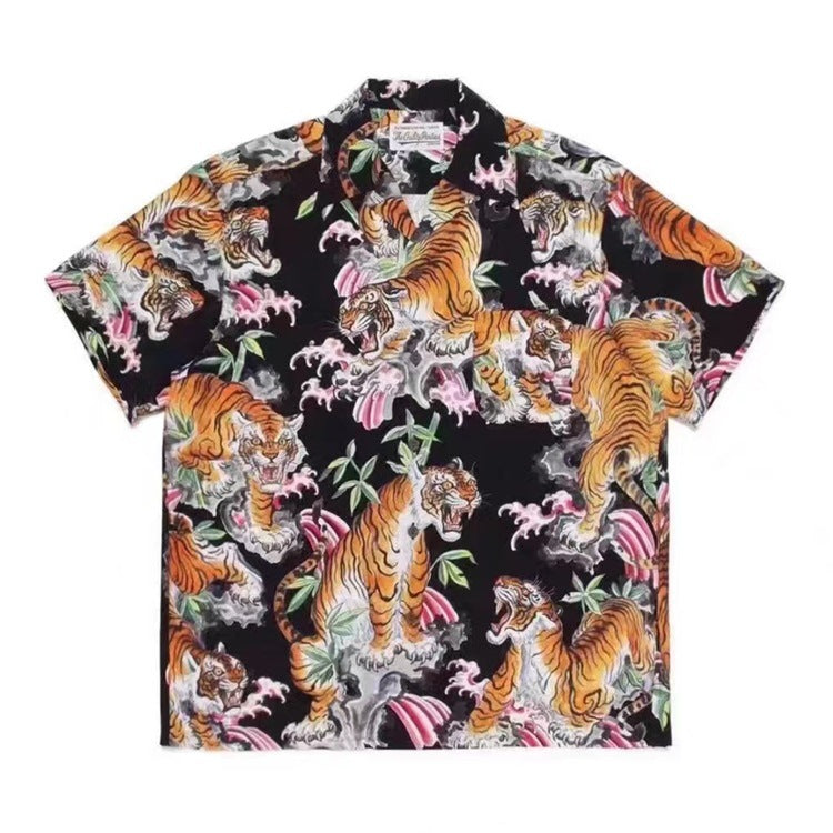 GUILTYPARTIES TIGER Shirts 22SS Flower and Tiger Print Loose Hawaiian Short Sleeve Shirt Men