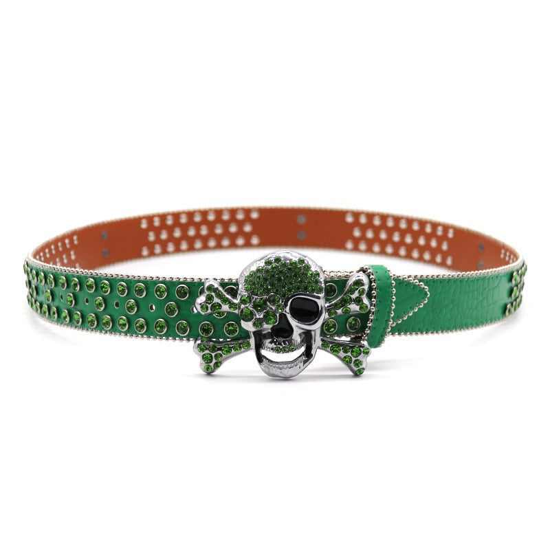 Hip-hop punk rhinestone belt green big skull