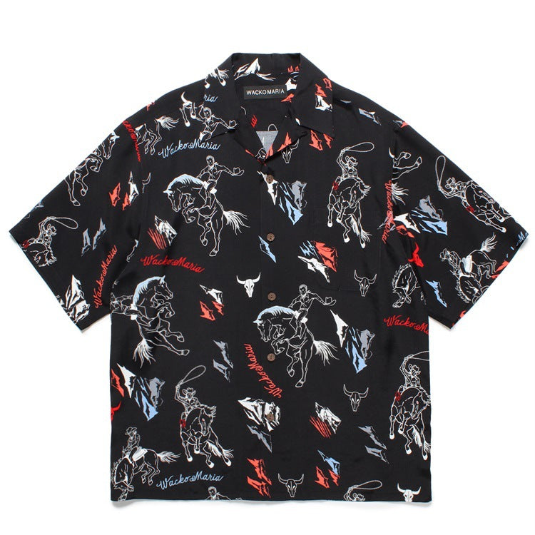 GUILTYPARTIES TIGER Shirts Western denim lasso casual rayon Hawaiian lapel short-sleeved shirt
