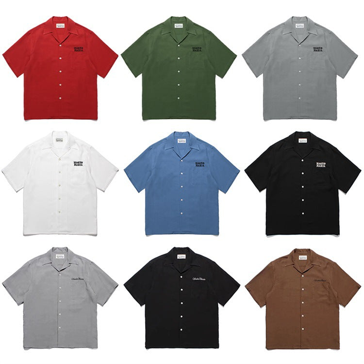 GUILTYPARTIES TIGER Shirts 24ss solid-color embroidered cursive Hawaiian rayon short-sleeved shirt