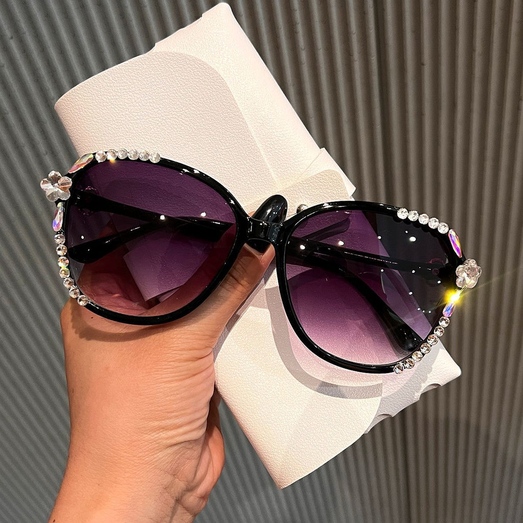 Trendy punk glasses large square frame with flowers and diamonds