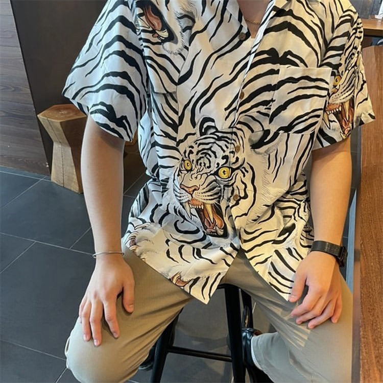 GUILTYPARTIES TIGER Shirts 21ss Tiger Tattoo Tattoo Print Hawaiian Short Sleeve Shirt Men