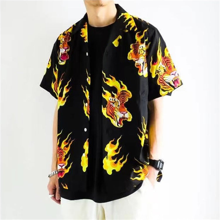 GUILTYPARTIES TIGER Shirts TIM LEHI / Flame Tiger Head Tiger Hawaiian short-sleeve shirt for men