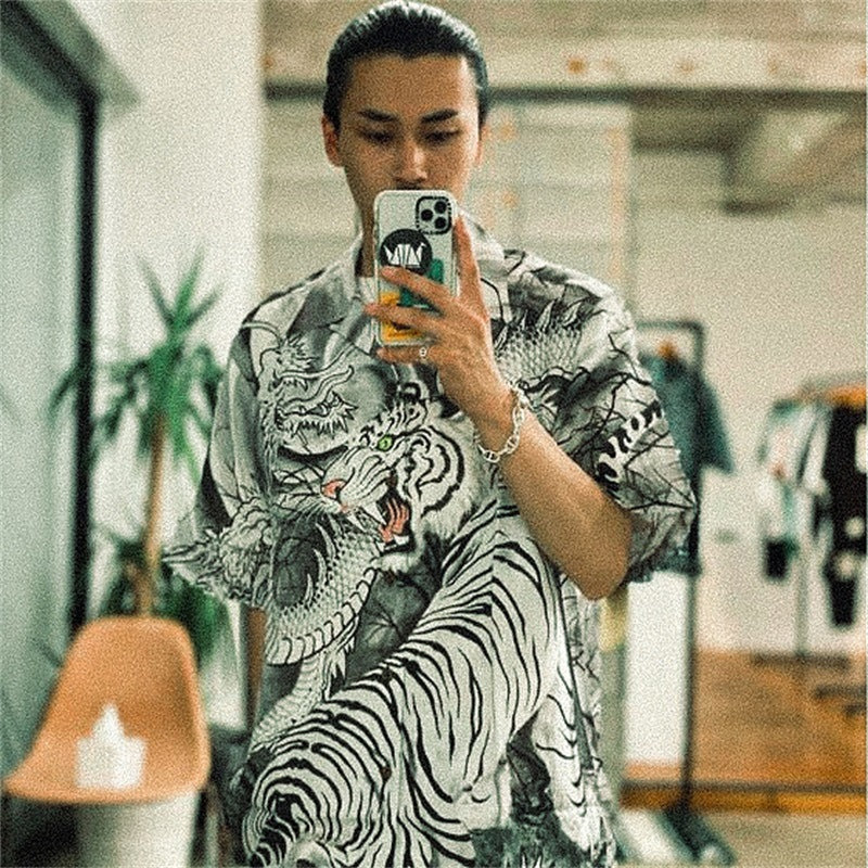 GUILTYPARTIES TIGER Shirts 22AW Dragon and Tiger Fight, Tiger Print Hawaiian Short Sleeve Shirt Men