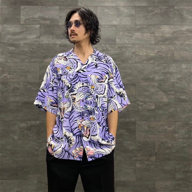 GUILTYPARTIES TIGER Shirts Summer Festival Black Eyed Tiger Flowing Cloud Hawaiian Short Sleeve Shirt Men