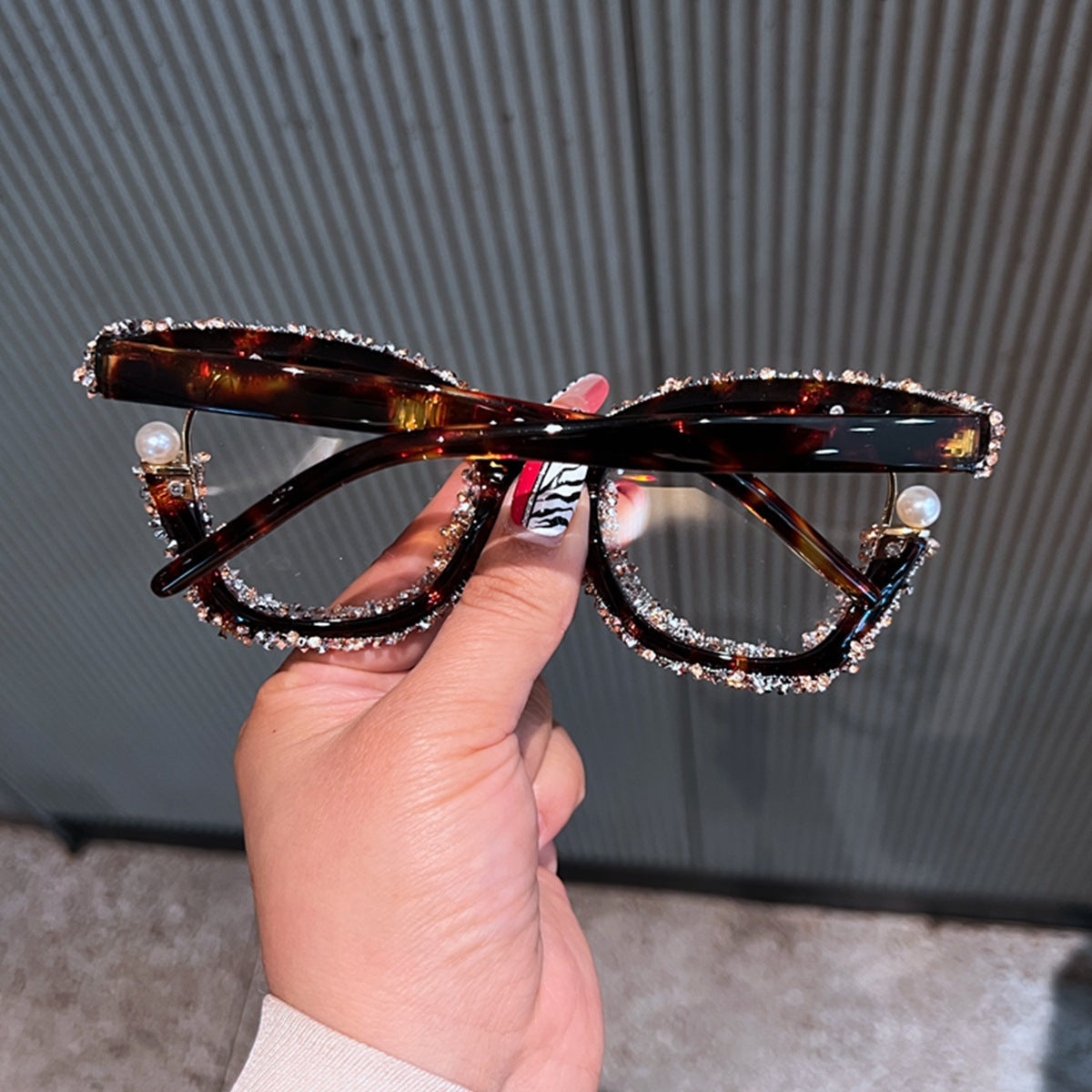 Trendy punk glasses pearl rhinestone tweed style