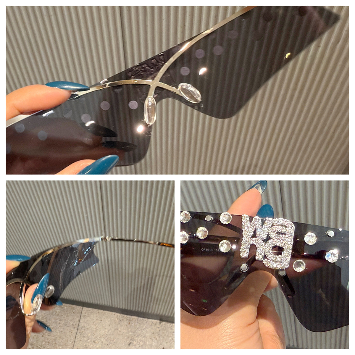 Trendy punk glasses rimless rhinestone letters