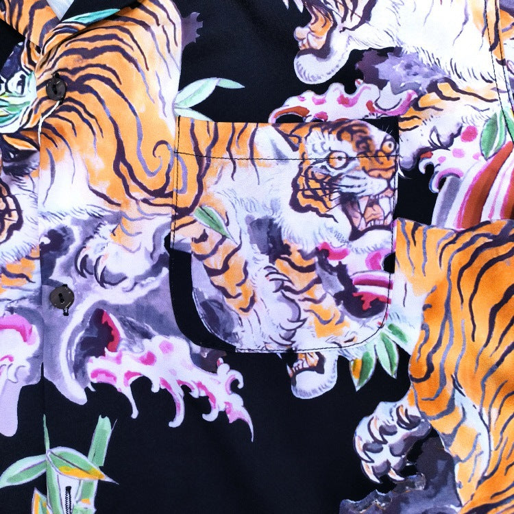 GUILTYPARTIES TIGER Shirts 22SS Flower and Tiger Print Loose Hawaiian Short Sleeve Shirt Men