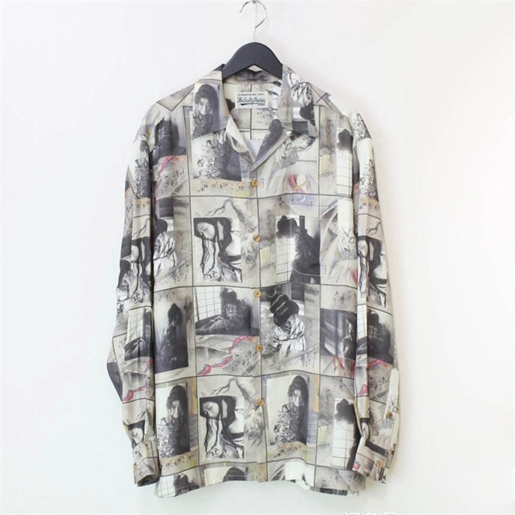 GUILTYPARTIES TIGER Long sleeved shirt tied by rain and rain, Araki Jingwei, ink painting Hawaiian long-sleeved shirt men