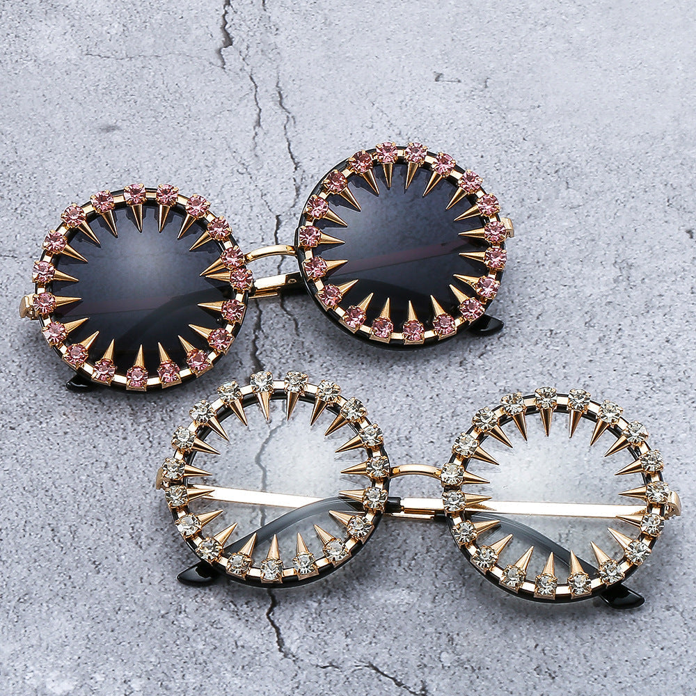 Trendy punk glasses round frame rhinestones