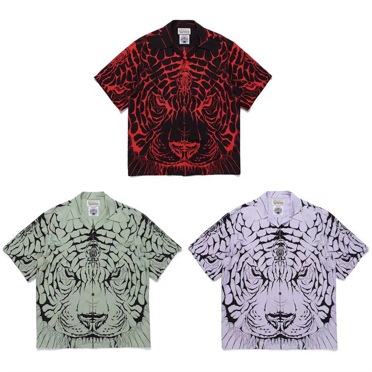 GUILTYPARTIES TIGER Shirts 22AW Wolf's Head Red and Green Wolf Face Hawaiian Short Sleeve Shirt Men