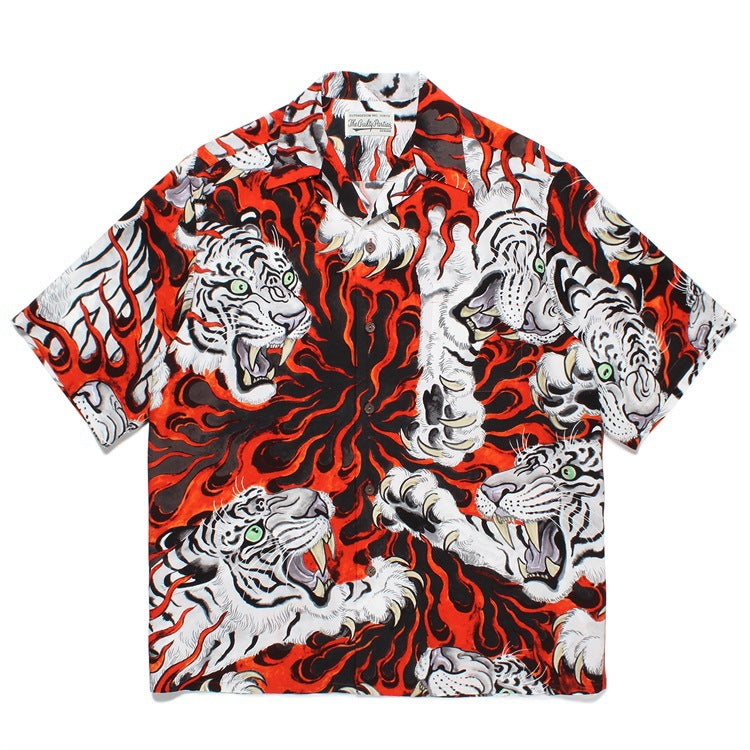 GUILTYPARTIES TIGER Shirts 23SS TIM LEHI Flame Tiger Full Print Hawaiian Short Sleeve Shirt Men