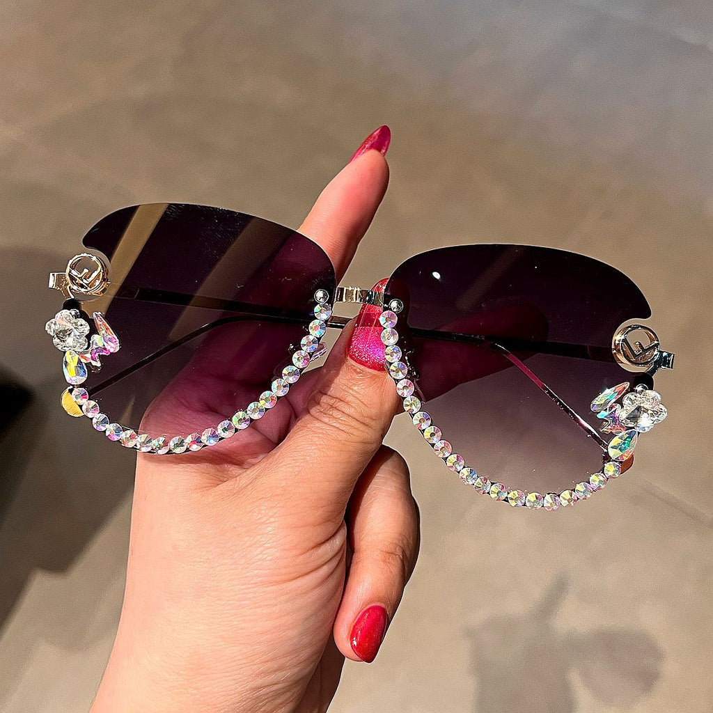 Trendy punk glasses uv protection rimless with rhinestones