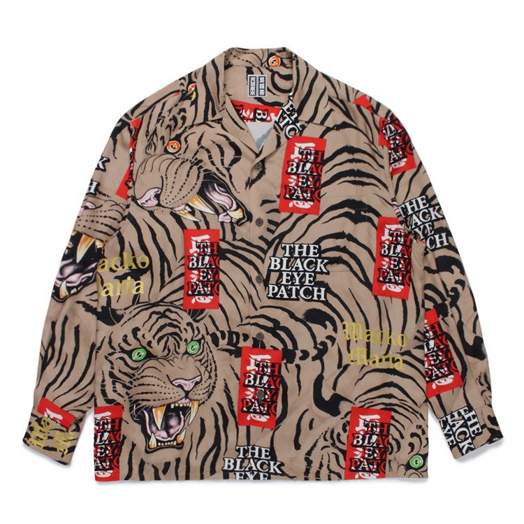 GUILTYPARTIES TIGER Long sleeved shirt Eye strap attention tiger totem skull Hawaiian long sleeved shirt