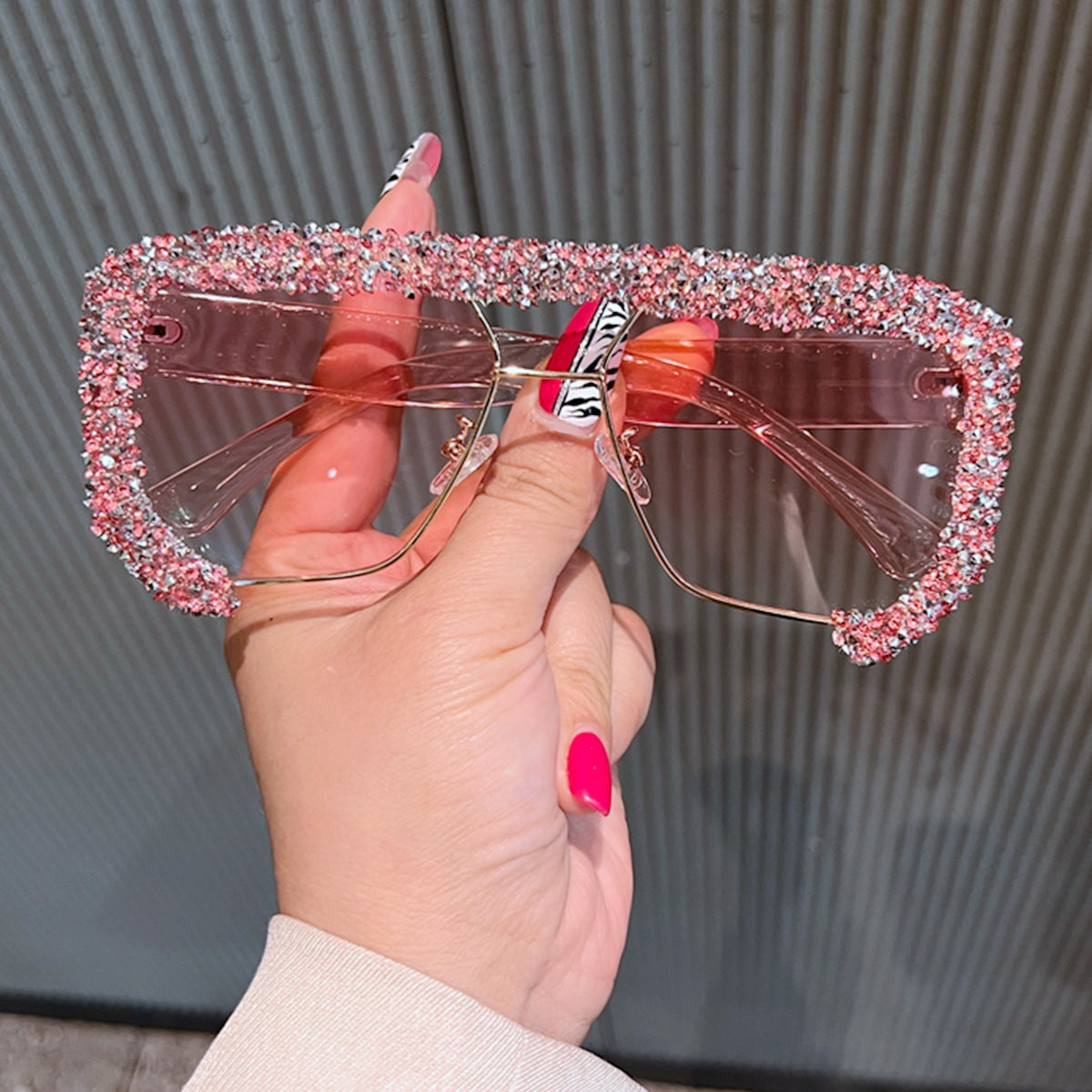 Trendy punk glasses double beam rhinestones