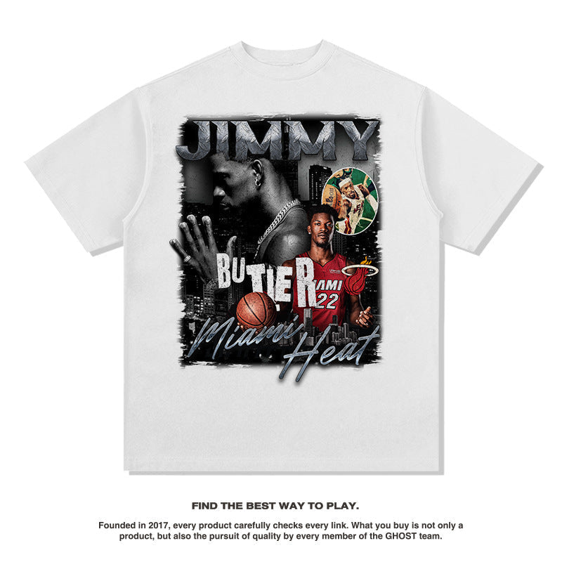 Nba T Shirt Jimmy Butler Basketball Star Printed Short Sleeve T-shirt Washed High-quality pure cotton comfortable and trendy clothing