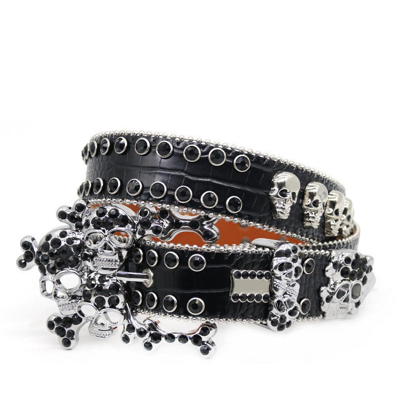 Hip-hop punk rhinestone belt western multi skull