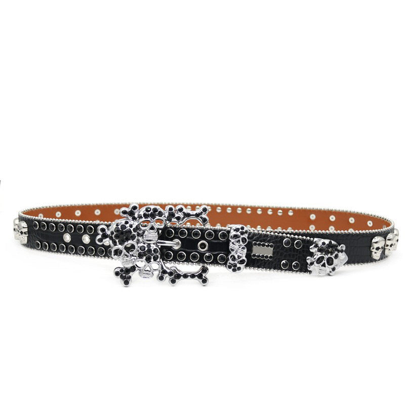 Hip-hop punk rhinestone belt western multi skull