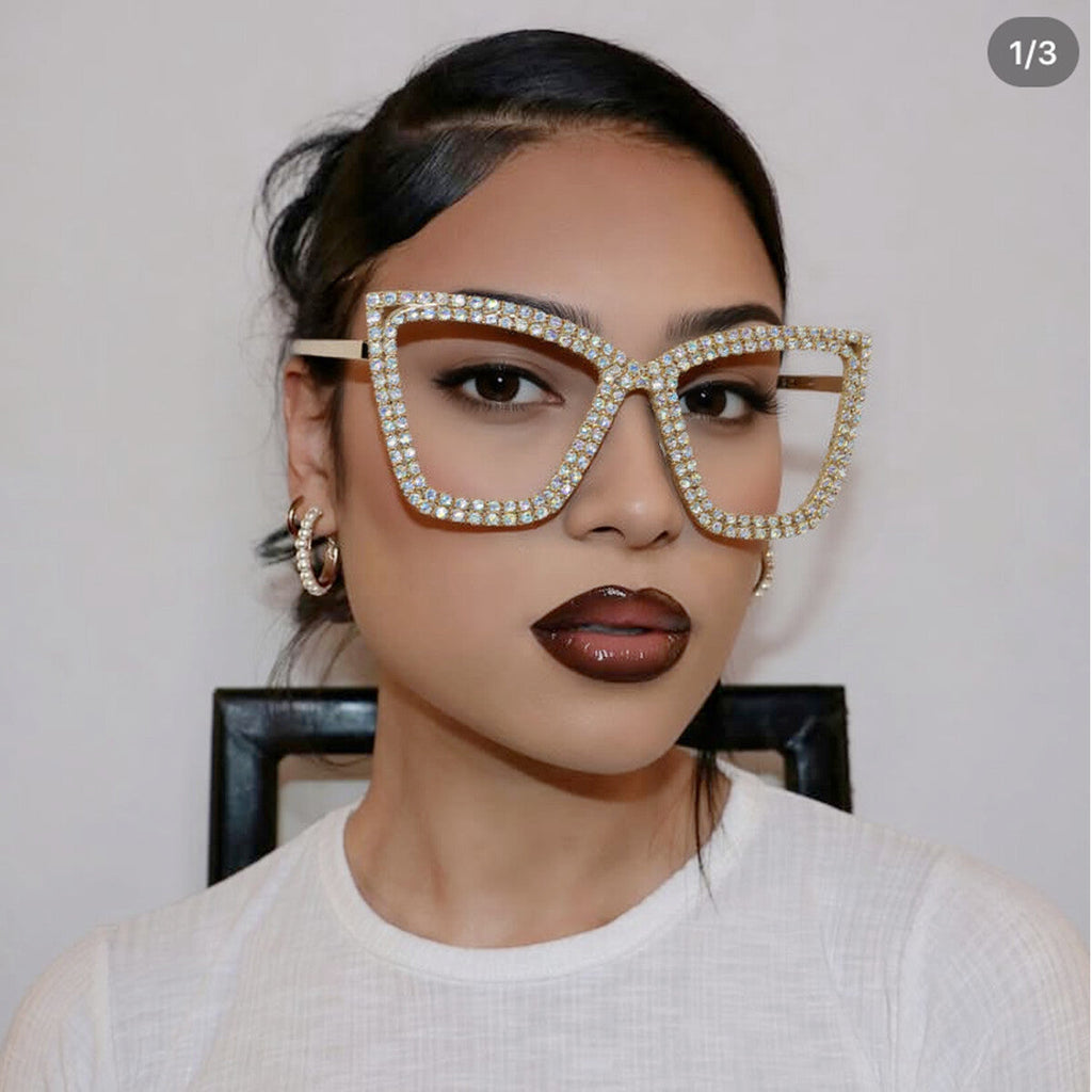 Trendy punk glasses cross frame big cat eyes with diamonds
