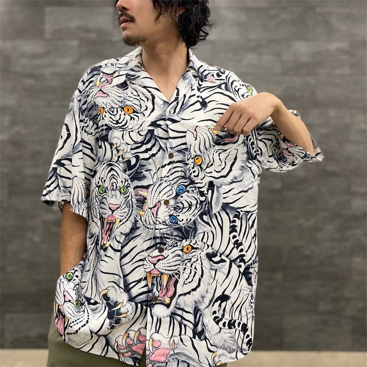 GUILTYPARTIES TIGER Shirts Summer Festival Black Eyed Tiger Flowing Cloud Hawaiian Short Sleeve Shirt Men