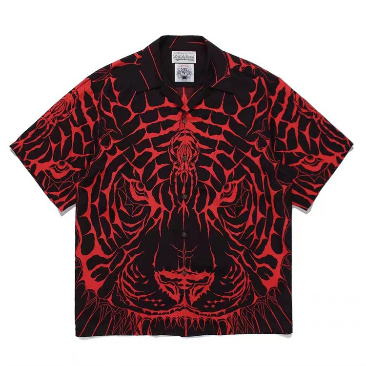 GUILTYPARTIES TIGER Shirts 22AW Wolf's Head Red and Green Wolf Face Hawaiian Short Sleeve Shirt Men