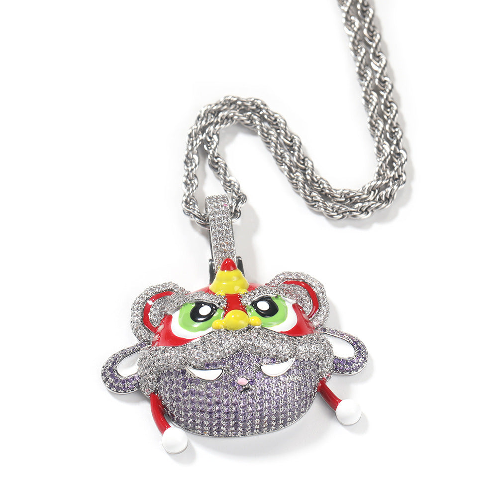 Jewelry Chinese Style Lion Dance Pendant Necklace Personality Diamond Hip Hop Style Lion dance Spectrum Far East