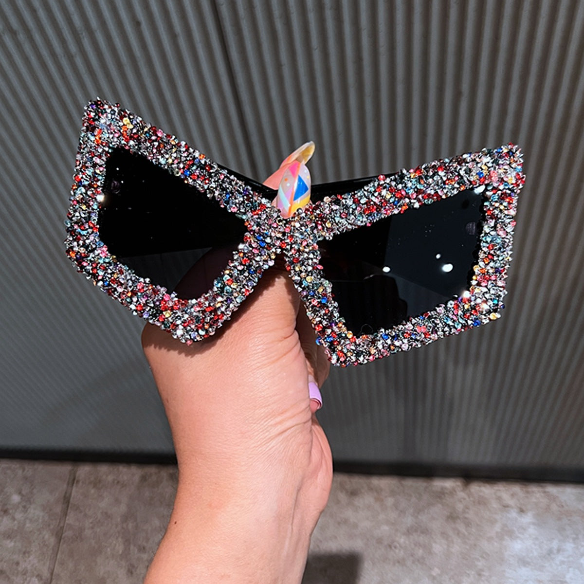 Trendy punk glasses large frame cat eye rhinestones
