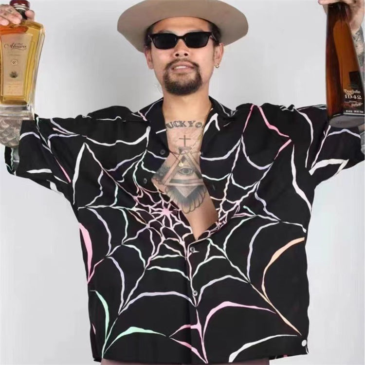 GUILTYPARTIES TIGER Shirts 21AW WOLF'S HEAD Spider Web, Hawaiian Short Sleeve Shirt Men