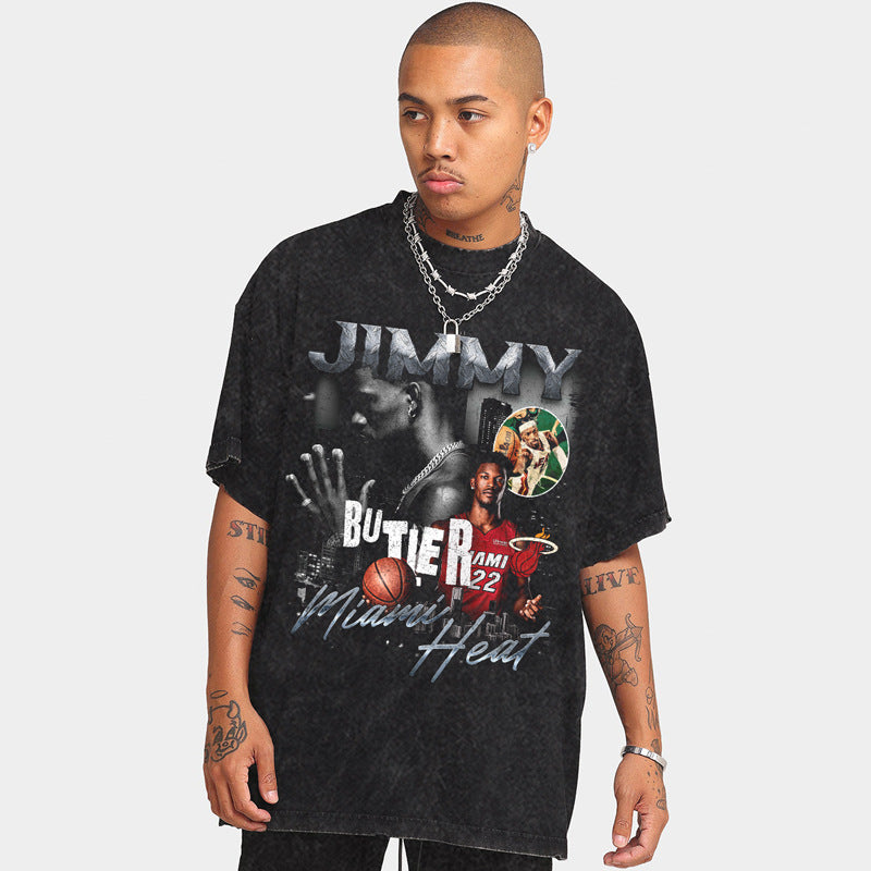 Nba T Shirt Jimmy Butler Basketball Star Printed Short Sleeve T-shirt Washed High-quality pure cotton comfortable and trendy clothing