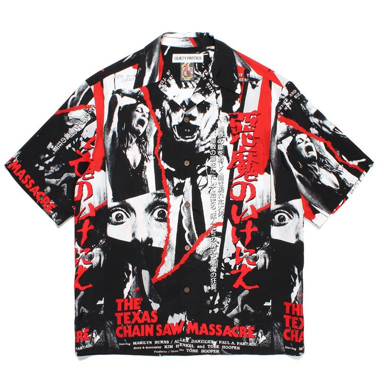 GUILTYPARTIES TIGER Shirts 23SS CHAINSAW Chainsaw Horror Hawaiian Short Sleeve Shirt Men