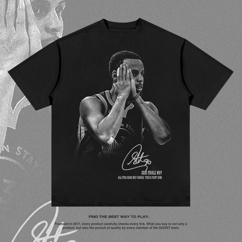 Nba T Shirt Curry American Vintage Print Short Sleeves Heavy Washed Distressed T-shirt High-quality pure cotton comfortable and trendy clothing