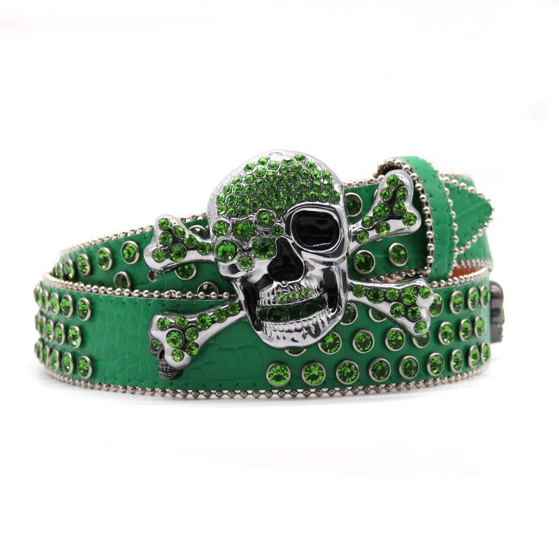 Hip-hop punk rhinestone belt green big skull