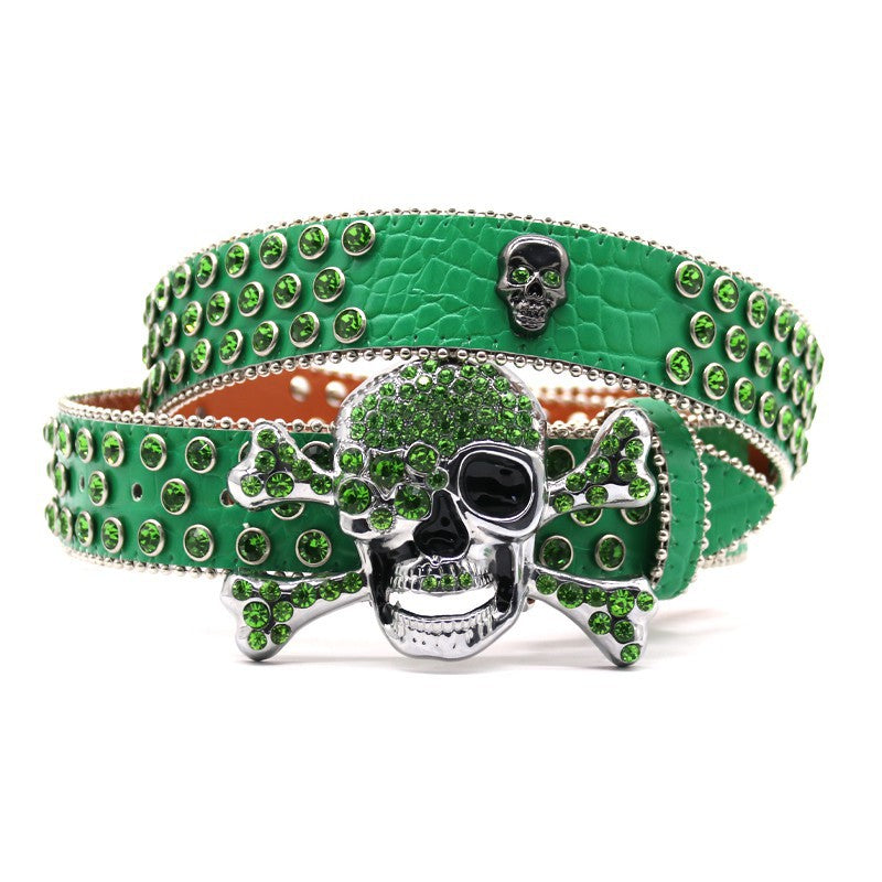 Hip-hop punk rhinestone belt green big skull
