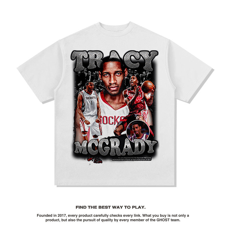 Nba T Shirt Summer Vintage Print Short Sleeves T-shirt Pure Cotton Washed Distressed Top Men High-quality pure cotton comfortable and trendy clothing