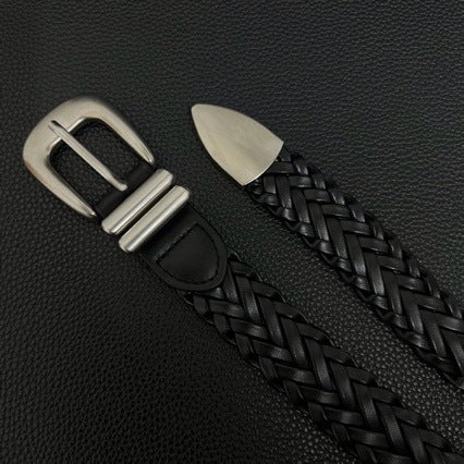 American vintage-style leather belt retro old matte hand-woven belt free punching men's and women's simple and versatile black belt