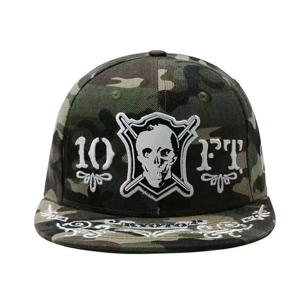 Trendy flat brimmed snapback hatsembroider camouflage skull hip