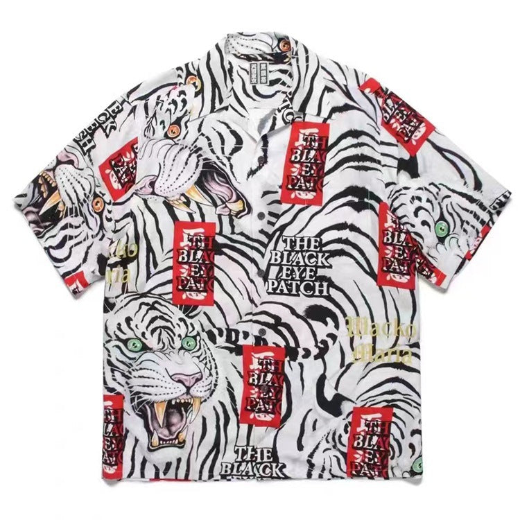 GUILTYPARTIES TIGER Shirts Summer Festival Black Eyed Tiger Flowing Cloud Hawaiian Short Sleeve Shirt Men
