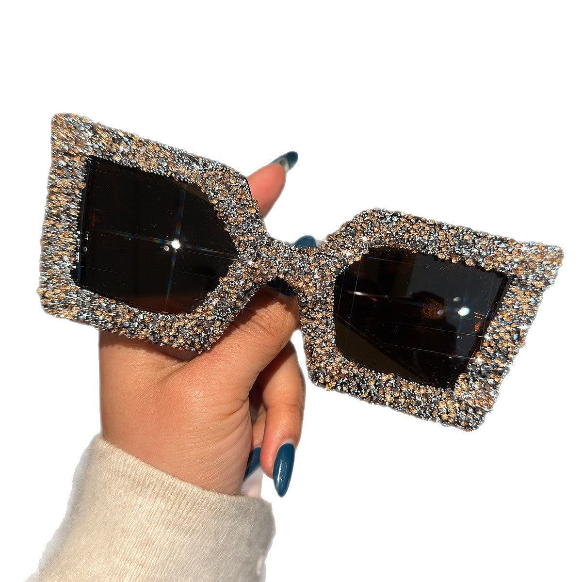 Trendy punk glasses full diamond wide legs