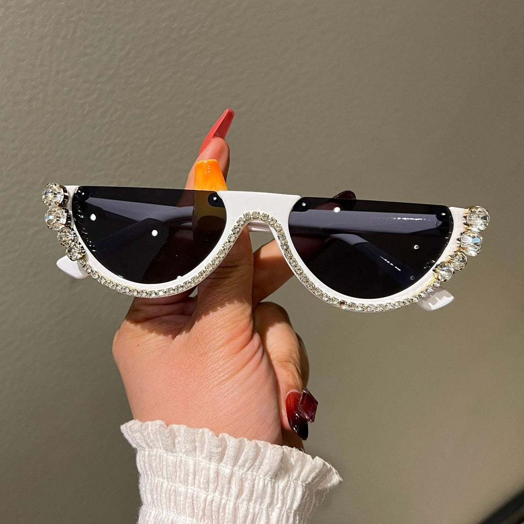 Trendy punk glasses half frame diamond