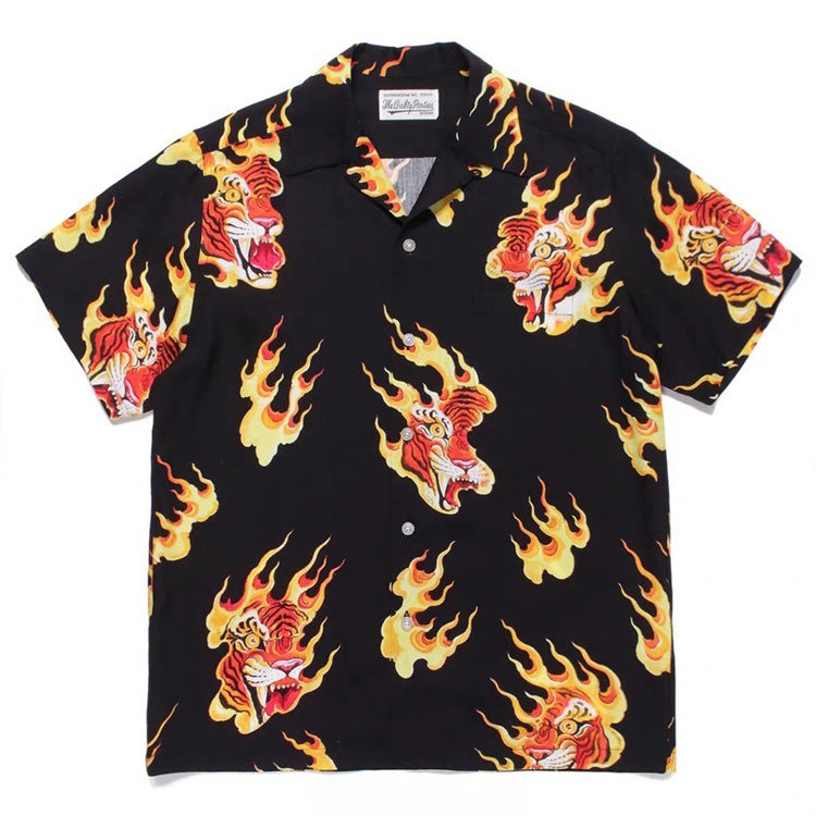 GUILTYPARTIES TIGER Shirts TIM LEHI / Flame Tiger Head Tiger Hawaiian short-sleeve shirt for men