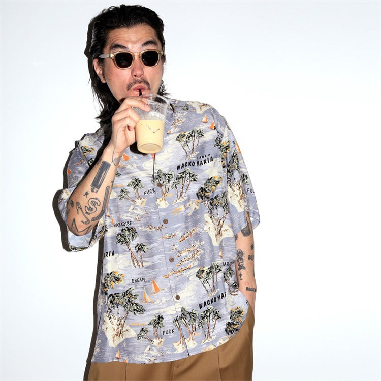 GUILTYPARTIES TIGER Shirts 24ss Coconut Island Style, Cuban Collar Casual Hawaiian Short Sleeve Shirt Men