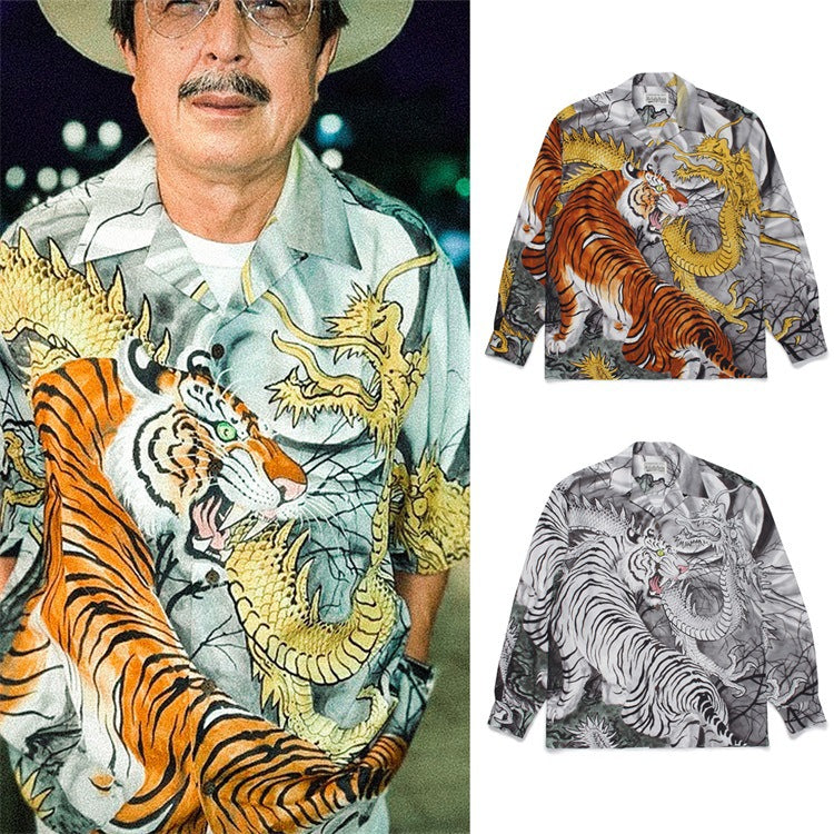 GUILTYPARTIES TIGER Long sleeved shirt Hawaiian dragon and tiger fight, tiger print long-sleeved shirt men and women