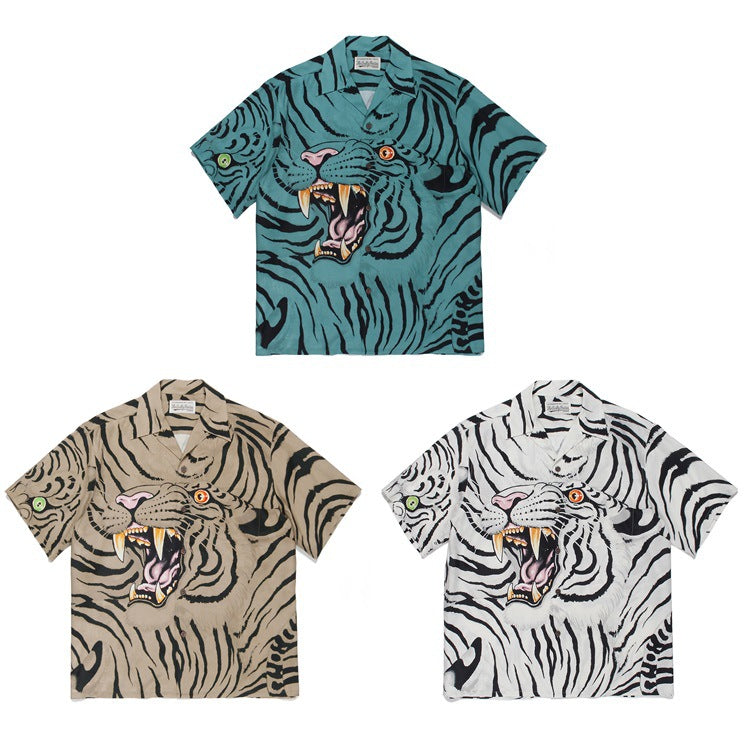 GUILTYPARTIES TIGER Shirts 22ss TIM LEHI Tiger Head, Yunhu, Tiger Pattern Short Sleeve Shirt Men