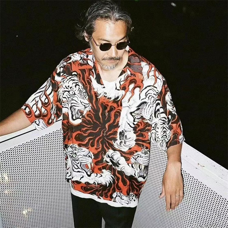 GUILTYPARTIES TIGER Shirts 23SS TIM LEHI Flame Tiger Full Print Hawaiian Short Sleeve Shirt Men