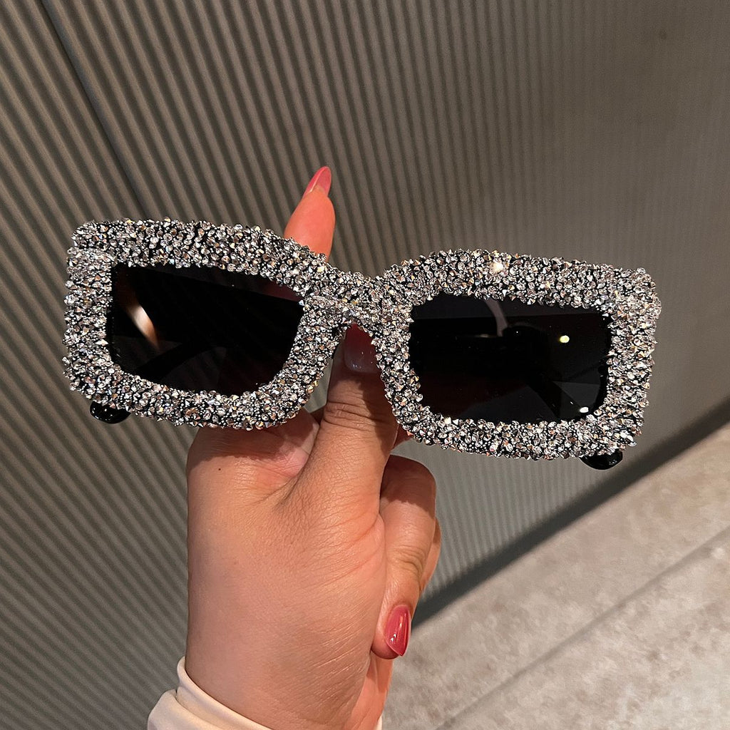 Trendy punk glasses rectangular sparkling diamond sunscreen uv protection