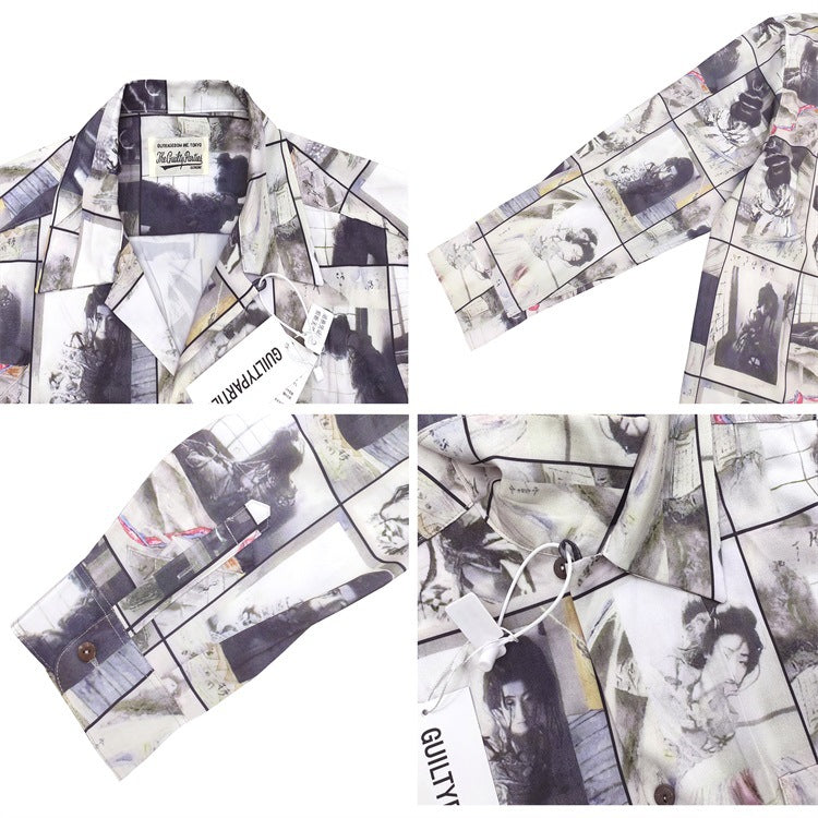 GUILTYPARTIES TIGER Long sleeved shirt tied by rain and rain, Araki Jingwei, ink painting Hawaiian long-sleeved shirt men